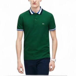 Men’s Lacoste Matte Piping Petit Piqué Slim Fit Polo – Green/Sapphire Blue, M